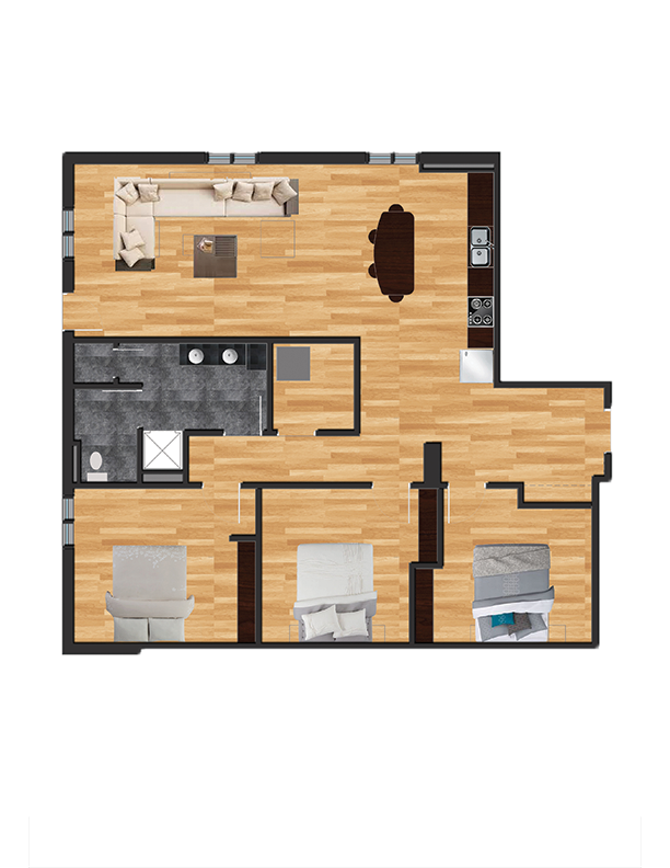 Floor plan for 3 beds, 2 baths, 1414 sqft